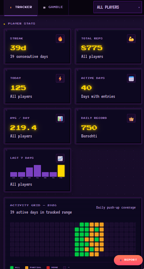 A push-up tracking screen with recent activity